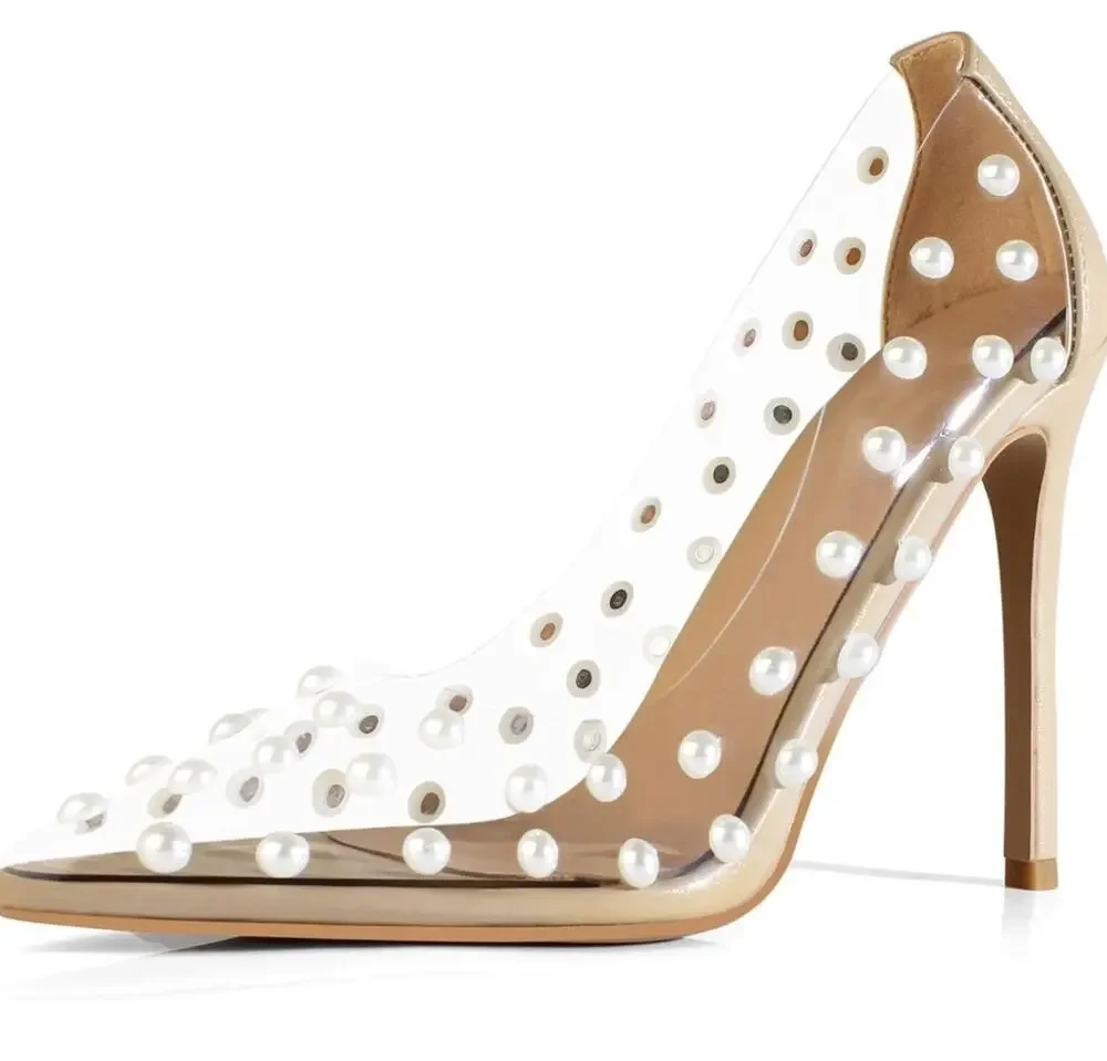 Women's Pumps, 11cm Pointed Toe Women High Heel Pearl Studded Clear Heels Shoes